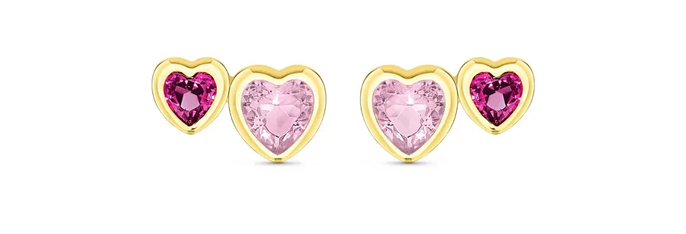 Brinco Life Cora Corações Prata Banho Ouro Amarelo Cristal Rosa