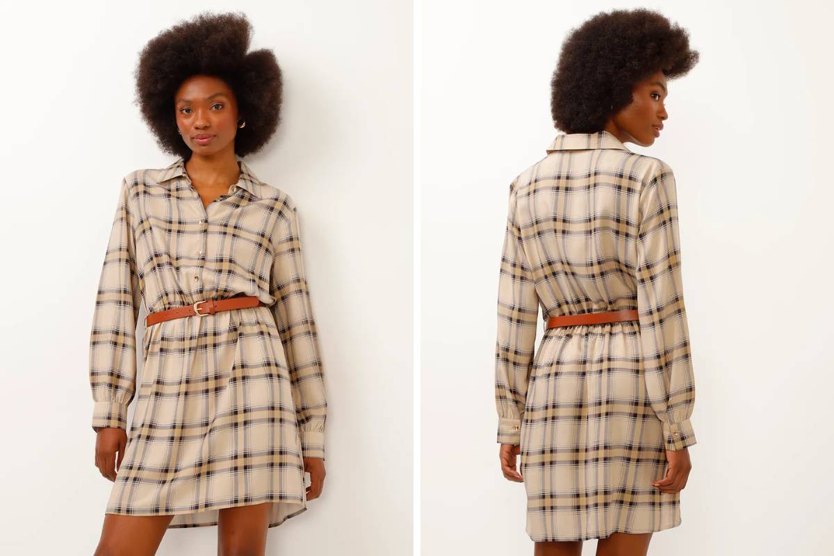 vestido xadrez curto com cinto bege