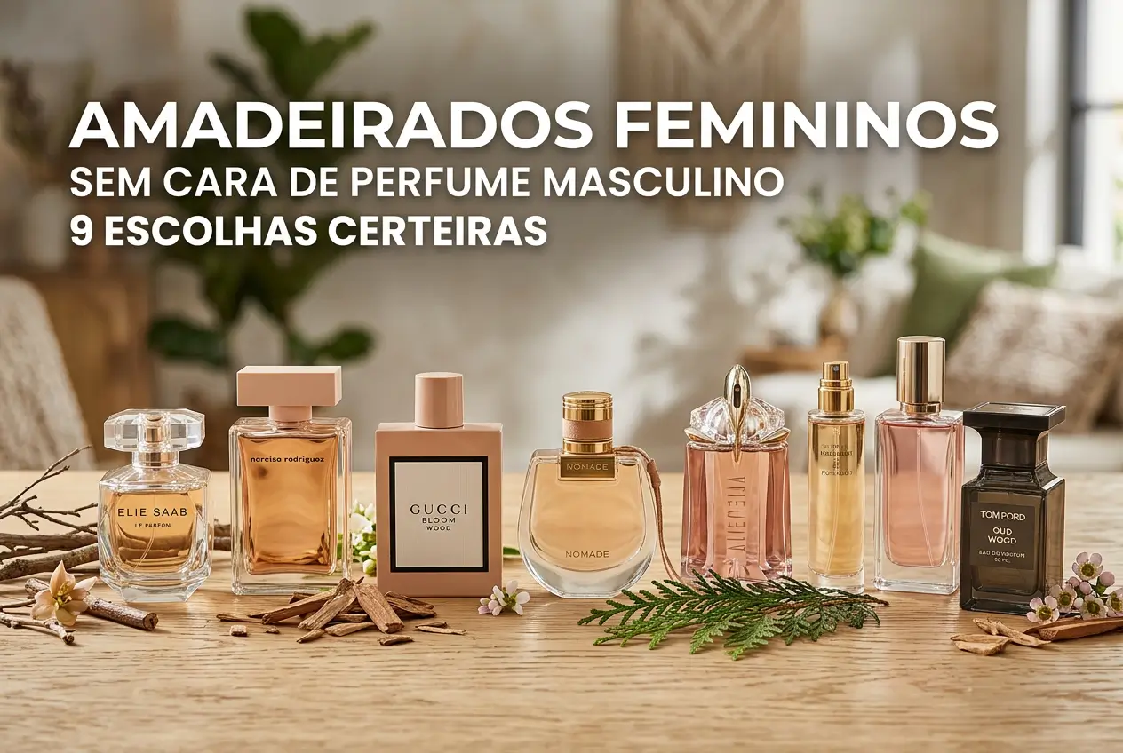 Perfumes femininos amadeirados em superfície de madeira com flores