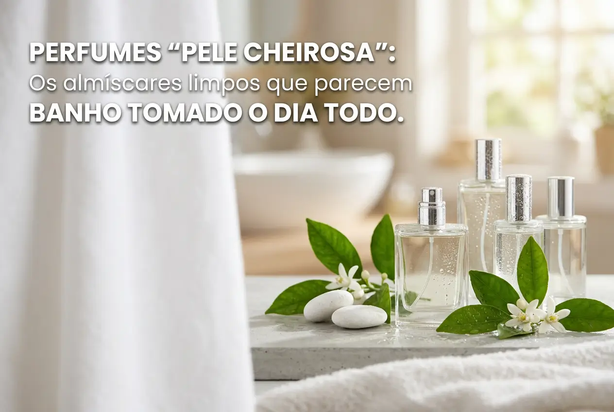 Vários frascos de perfume com flores e toalha branca