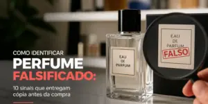 Perfume com lupa destacando sinais de falsificação