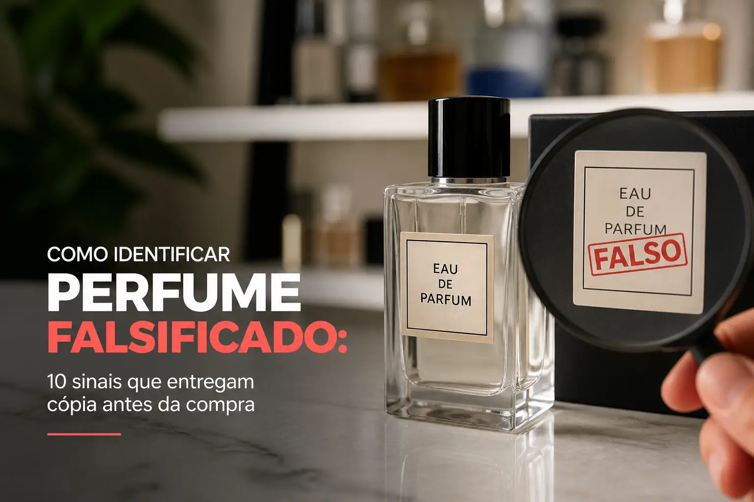 Perfume com lupa destacando sinais de falsificação