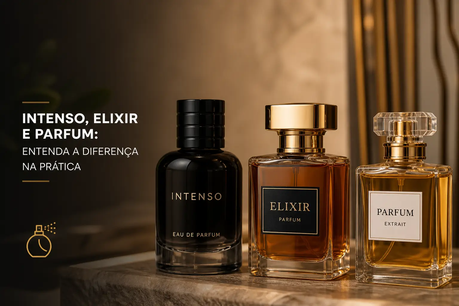 Frascos de perfume: Intenso, Elixir, Parfum Extrait em madeira