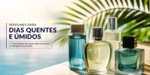 Perfumes com tampas metálicas e folha verde tropical