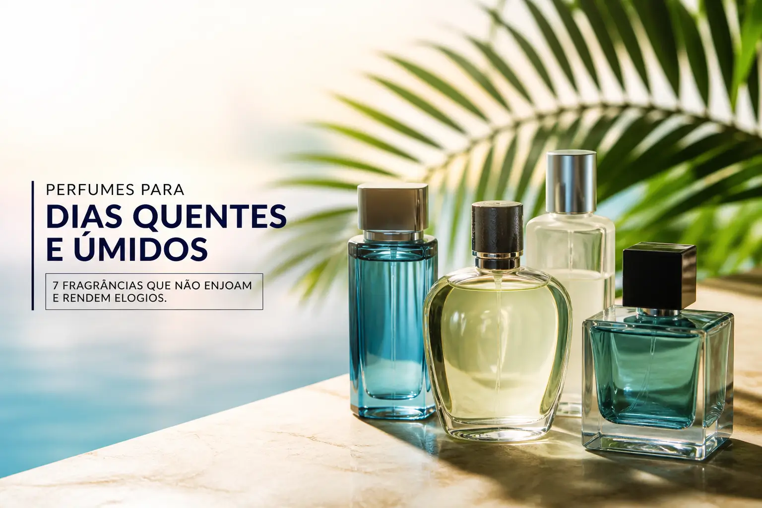 Perfumes com tampas metálicas e folha verde tropical