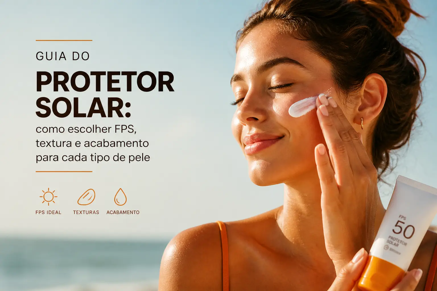 Mulher aplicando protetor solar FPS 50 na praia, guia de escolha
