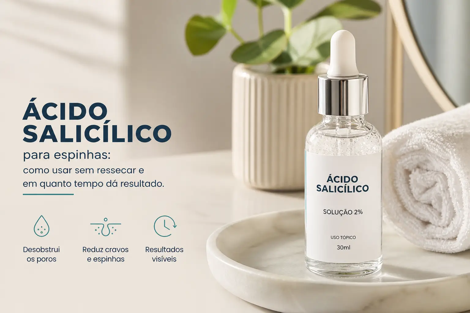 Frasco de Ácido Salicílico 2% com planta e toalha