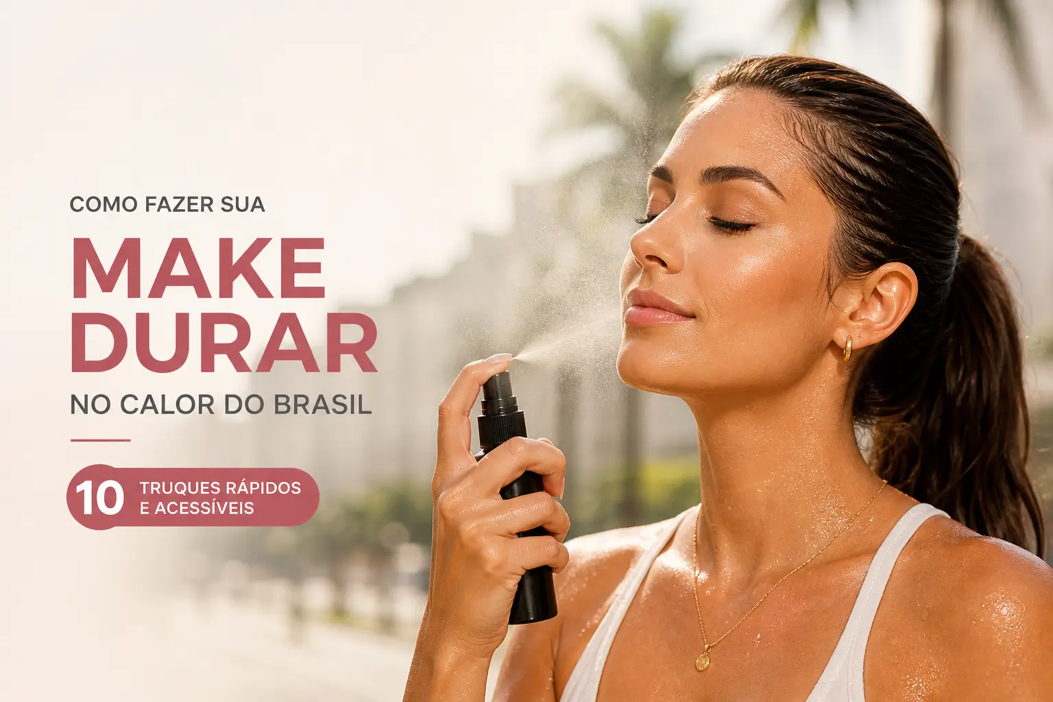 Mulher aplicando spray facial ao sol com fundo verde