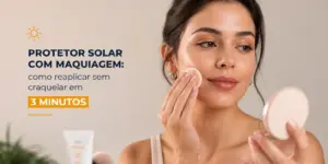 Mulher aplicando protetor solar com maquiagem no rosto