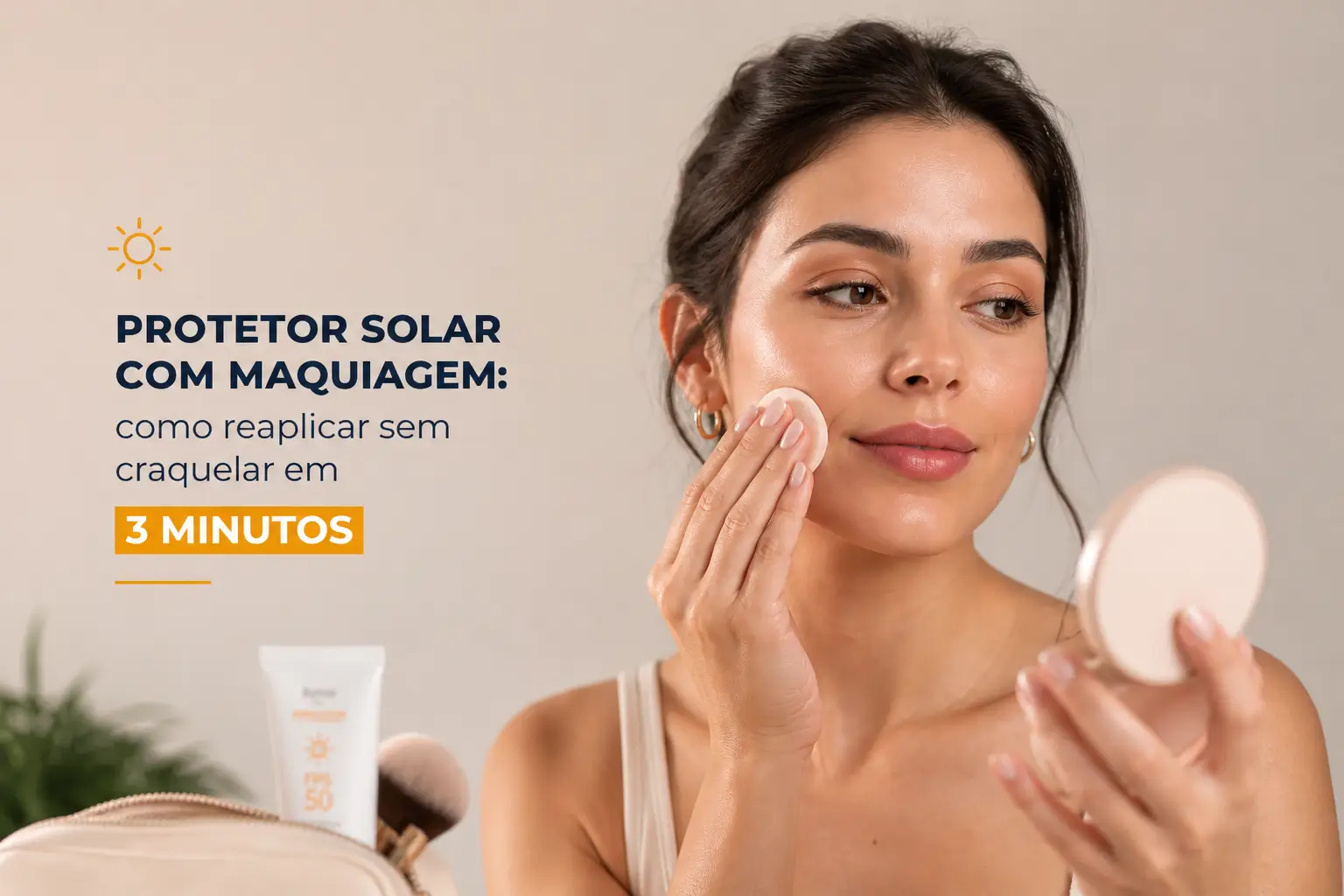 Mulher aplicando protetor solar com maquiagem no rosto