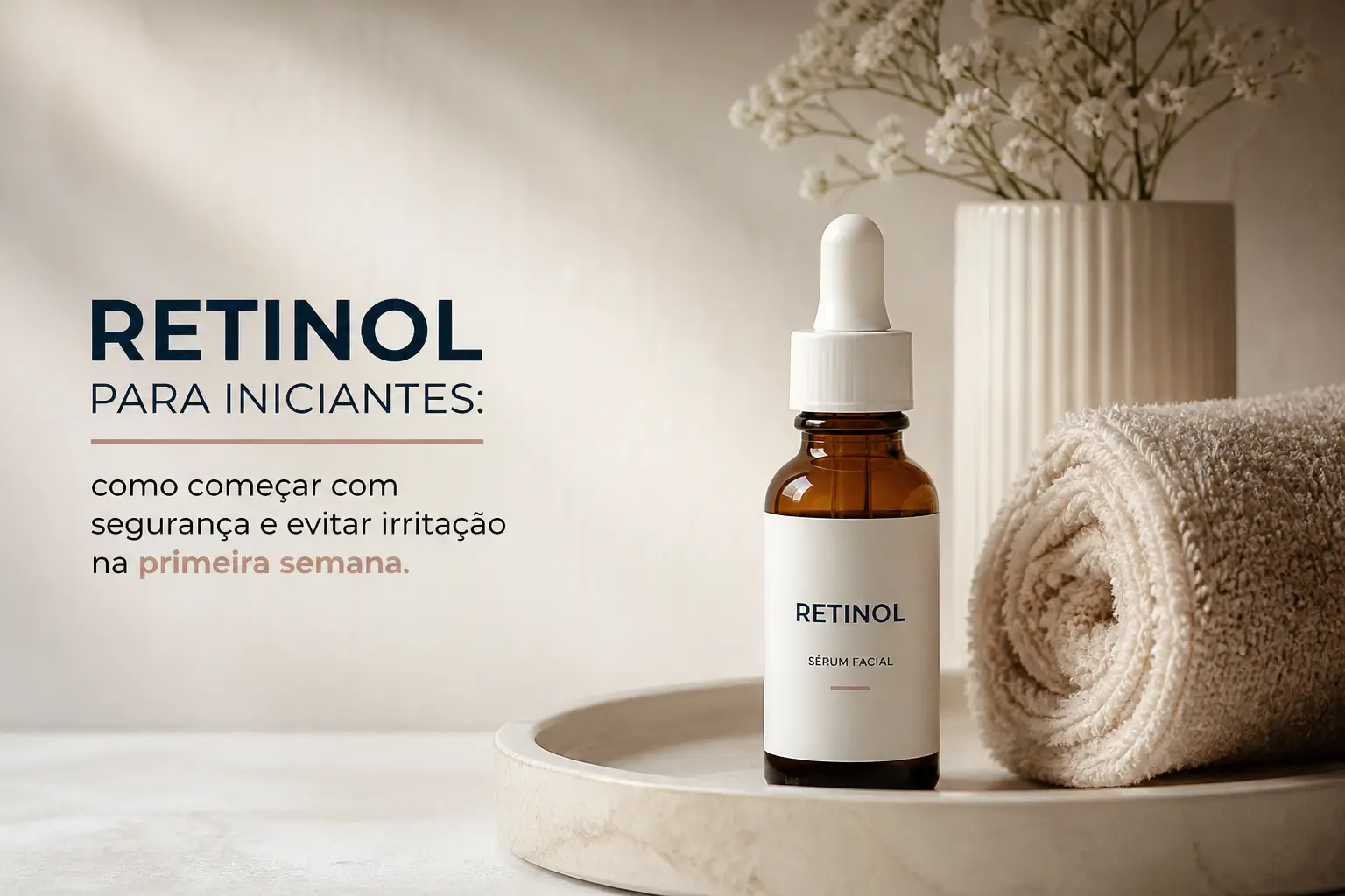 Sérum facial de retinol com toalha e flores brancas