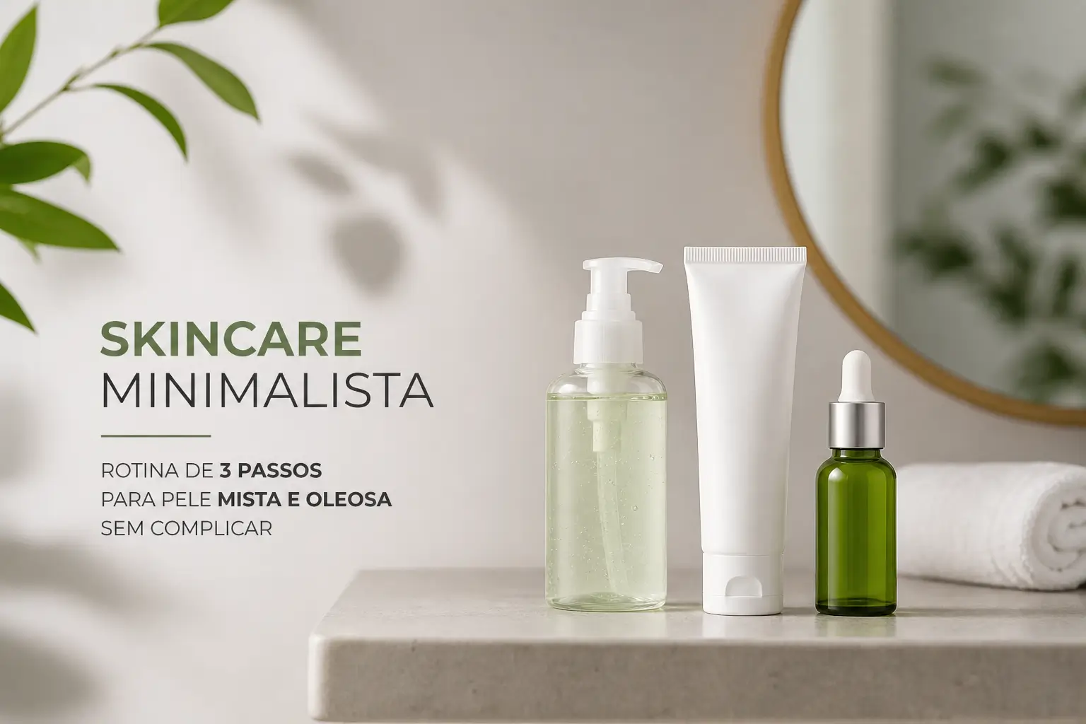 Três frascos cosméticos com plantas ao fundo marcando 'Skincare Minimalista'.