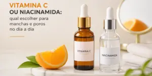 Frascos de soro Vitamina C e Niacinamida com laranja e folhas