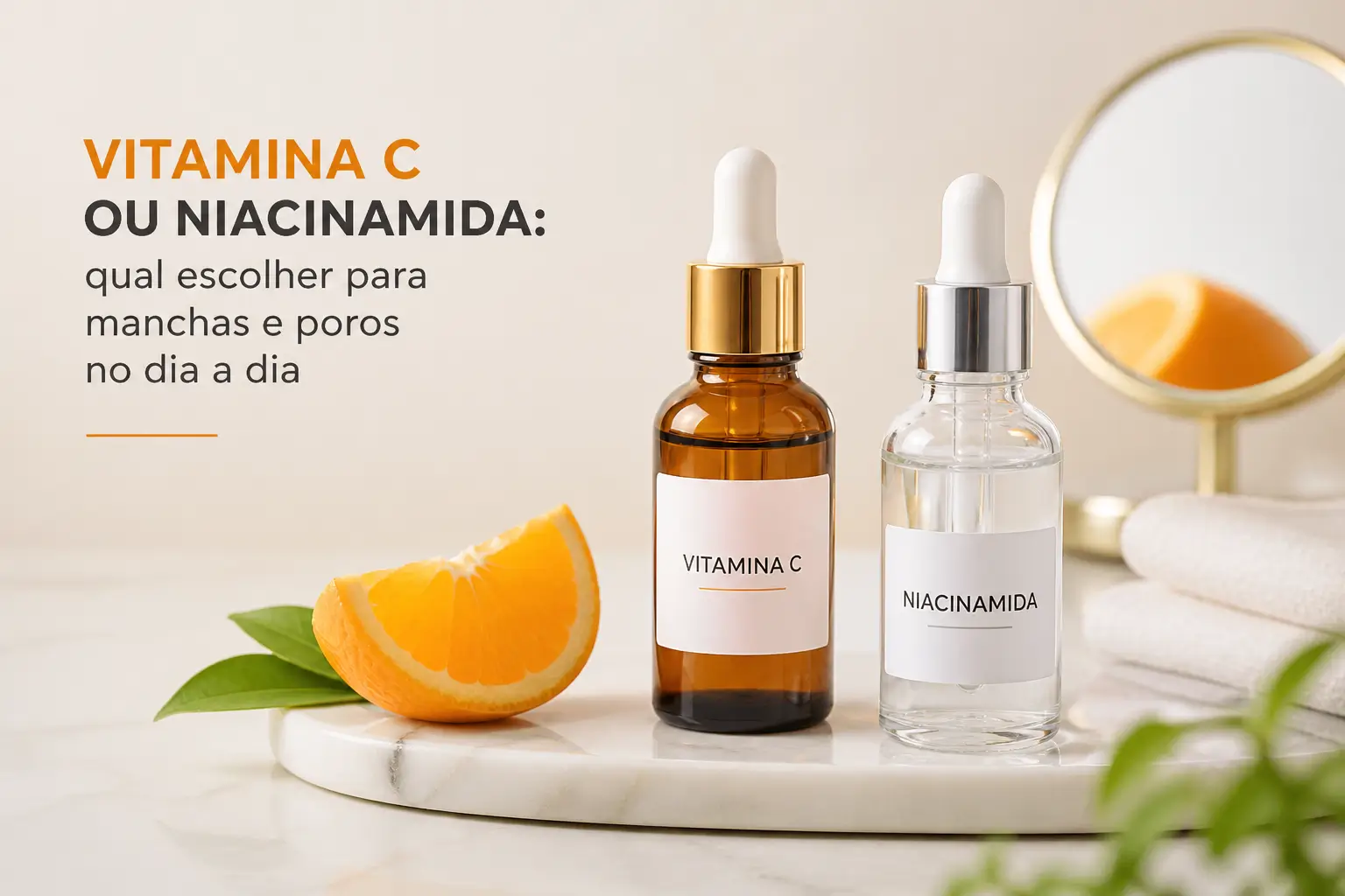 Frascos de soro Vitamina C e Niacinamida com laranja e folhas